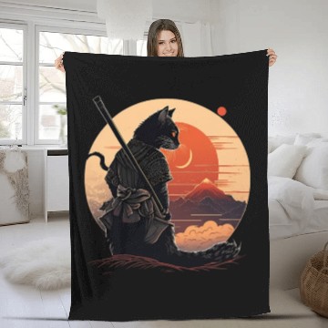 Discover Vintage Japanese Sunset Style And Samurai Cat Kitt Fleece Blankets