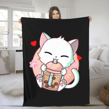 Discover Cat Boba Tea Bubble Tea Kawaii Anime Japanese Fleece Blankets