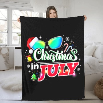 Discover Christmas in July Santa Hat Sunglasses Summer Fleece Blankets