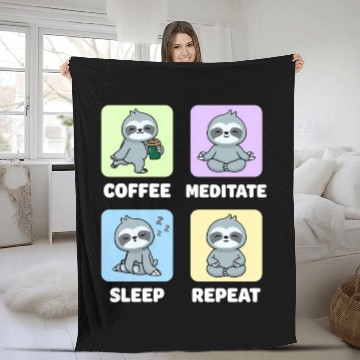 Discover Sloth Coffee Meditate Sleep Repeat Kawaii Fleece Blankets