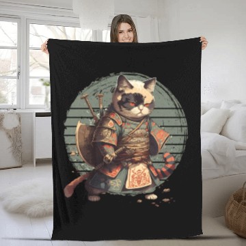Discover Samurai Cat Warrior Japanese Ninja Cat Kawaii Fleece Blankets