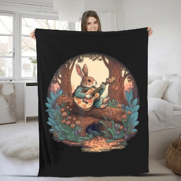Discover Funny Bunny Playing Banjo Guitar Music Rabbit Fleece Blankets