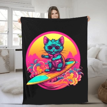 Discover Cool Retro Surfing Cat Fleece Blankets
