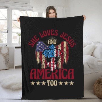Discover She loves jesus and America too Fleece Blankets