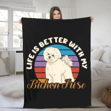 Discover Life Is Better With My Bichon Frise Retro Vintage Fleece Blankets