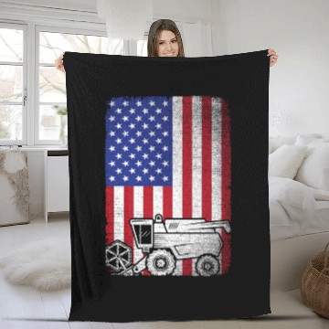 Discover Combine Harvester American Flag Farmer Agriculture Fleece Blankets