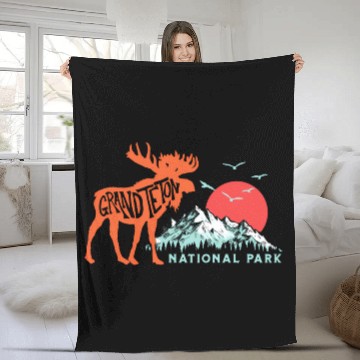 Discover Grand Teton National Park Moose Mountains Typograp Fleece Blankets