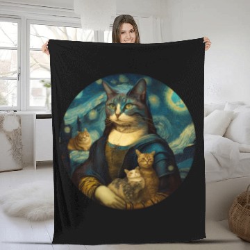 Discover Mona Lisa With Cats Starry Night Van Gogh Painting Fleece Blankets