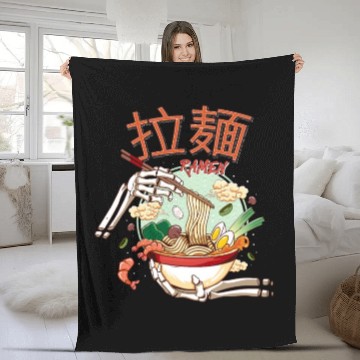 Discover skeleton hands eating ramen noodle soup bowl art Fleece Blankets