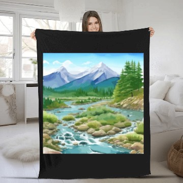 Discover Watercolor Mountain River Fleece Blankets