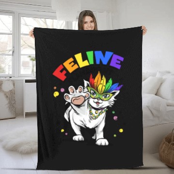 Discover Feline Flamboyant Mardi Gras Bead Rainbow Cat LGBT Fleece Blankets