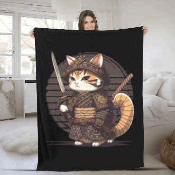 Discover Samurai Cat Warrior Japanese Ninja Cat Kawaii Fleece Blankets