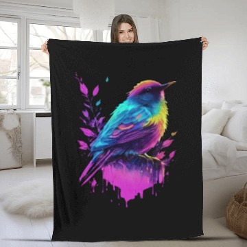 Discover Neon Bird on Pink Leaves - Colorful Nature Art Fleece Blankets