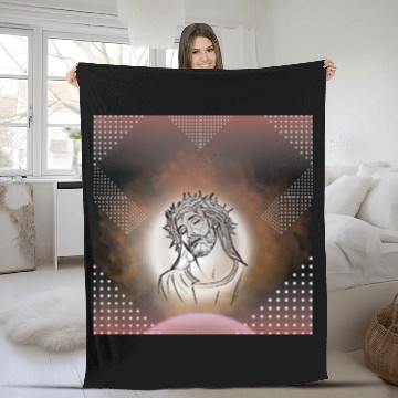 Discover Sacred Jesus with Crown of Thorns Illustration Fleece Blankets