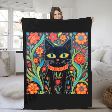 Discover Folk Art Cat Floral Fleece Blankets