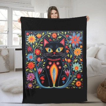 Discover Folk Art Cat Floral Fleece Blankets