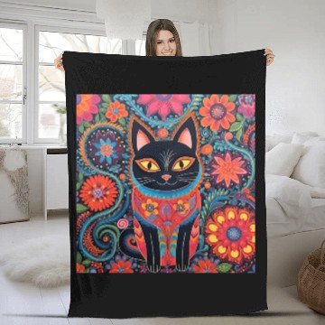 Discover Folk Art Cat Floral Fleece Blankets