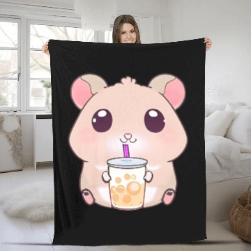 Discover Kawaii hamster with bubble tea Fleece Blankets