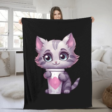Discover Cute cat with cup of coffee! Fleece Blankets
