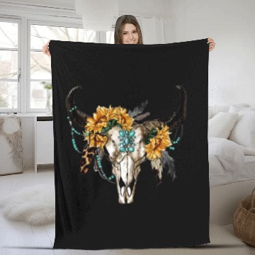 Discover Bull Skull And Sunflowers Fleece Blankets