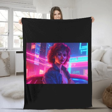 Discover Synthwave Girl - Anime Portrait in Neon Colors Fleece Blankets