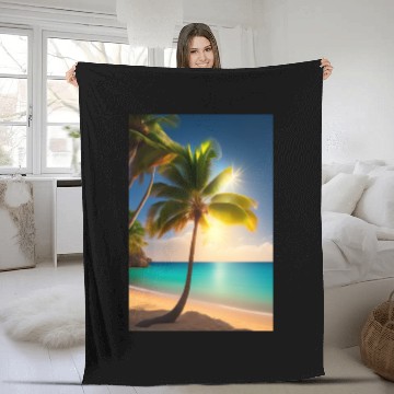 Discover the Palm tree with sun shine logo design Fleece Blankets