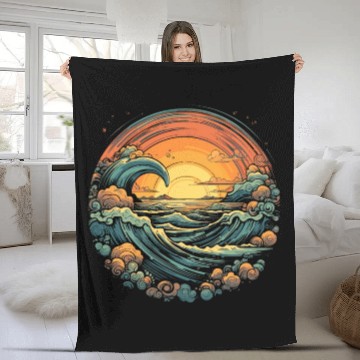 Discover serene ocean sunset with large waves (7) Fleece Blankets