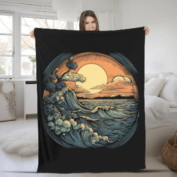 Discover serene ocean sunset with large waves (4) Fleece Blankets