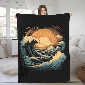 Discover serene ocean sunset with large waves (6) Fleece Blankets