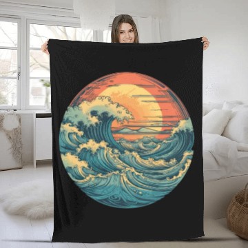 Discover serene ocean sunset with large waves (2) Fleece Blankets