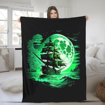 Discover Historical Sailing Ship At Full Moon. Fleece Blankets