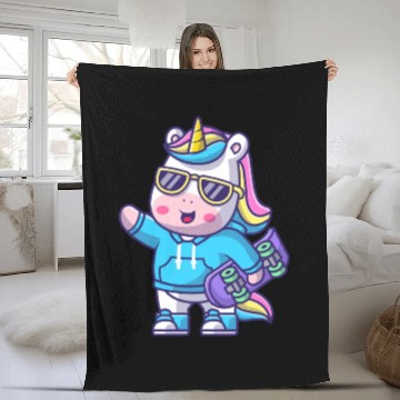 Discover cute cool unicorn holding skateboard cartoon Fleece Blankets