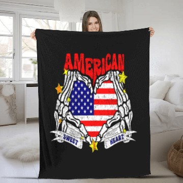 Discover America Sweet Heart Skeleton Hands Heart Flag 4th Fleece Blankets