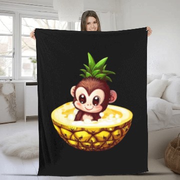 Discover Monkey Chimpanzee with Pineapple, Funny Tropical Fleece Blankets