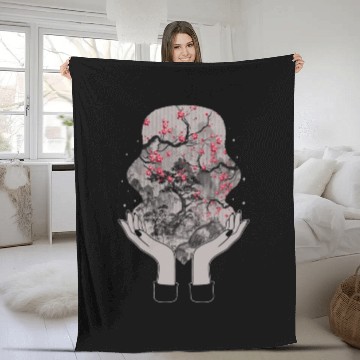Discover Cherry Blossom Fleece Blankets, Sakura Woodblock Kawaii
