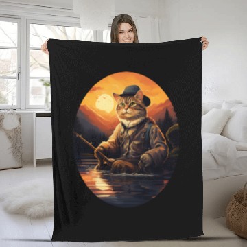 Discover Cat On Fish Cat Fisherman Fleece Blankets