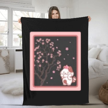 Discover Cherry Blossom Fleece Blankets, Kawaii Cat Cherry Blossom