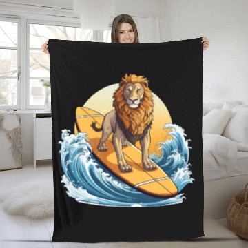 Discover Surfing Lion at Sunset, Adventurous Animal Design Fleece Blankets
