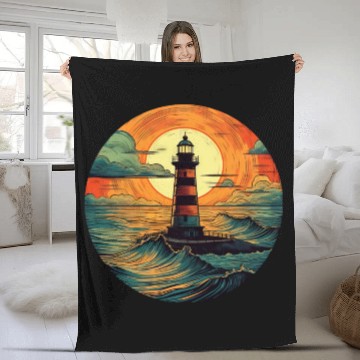 Discover Lighthouse at Sunset, Romantic Nature Design Fleece Blankets