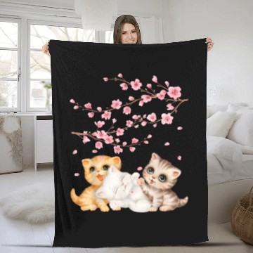 Discover Kitten Lover Japanese Cherry Blossom Cat Art Fleece Blankets