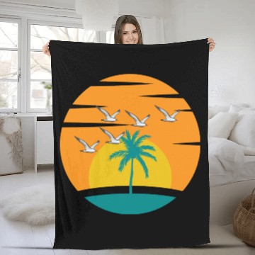 Discover Sunset on Ocean Illustration Fleece Blankets