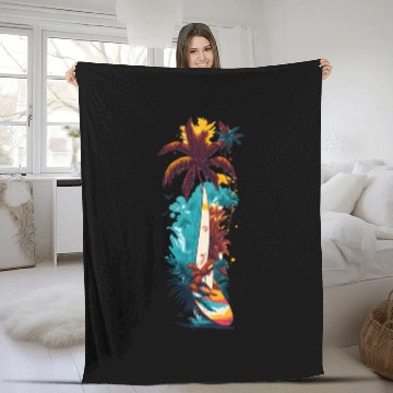 Discover Surfing Board ,waves and Coconut Tree Fleece Blankets