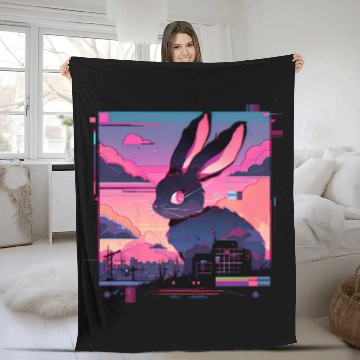 Discover Synthwave Rabbit Cyber Bunny Retro Fleece Blankets