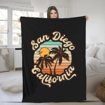 Discover San Diego California Beach Retro Palm Trees Sunset Fleece Blankets