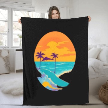 Discover Golden Horizon: Serene Sunset & Surfing Paradise Fleece Blankets