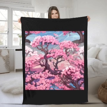 Discover Anime Euphoria: Fantasy Cherry Blossom Dreamscape Fleece Blankets