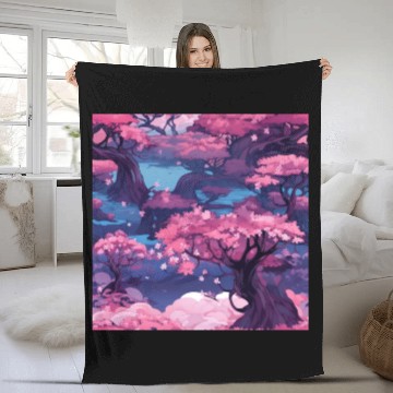 Discover Anime Euphoria: Fantasy Cherry Blossom Dreamscape Fleece Blankets