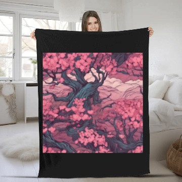 Discover Anime Euphoria: Fantasy Cherry Blossom Dreamscape Fleece Blankets