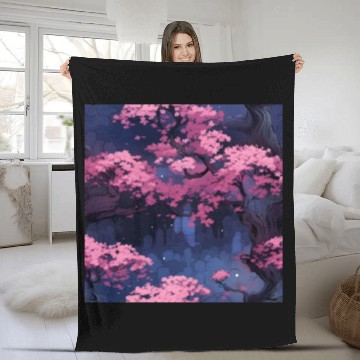 Discover Anime Euphoria: Fantasy Cherry Blossom Dreamscape Fleece Blankets