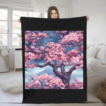 Discover Anime Euphoria: Fantasy Cherry Blossom Dreamscape Fleece Blankets